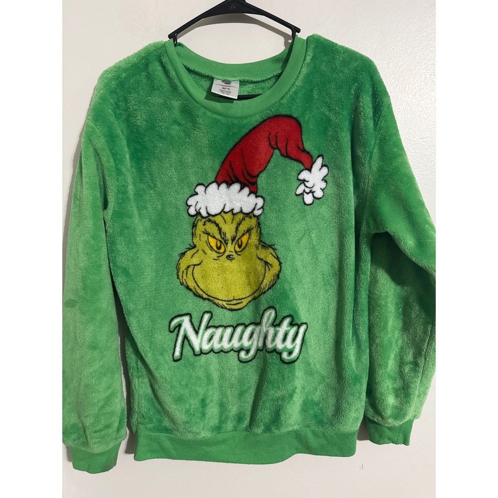 Dr. Seuss The Grinch Naughty Christmas Fuzzy Fleece Sweatshirt Green Medium 7-9
